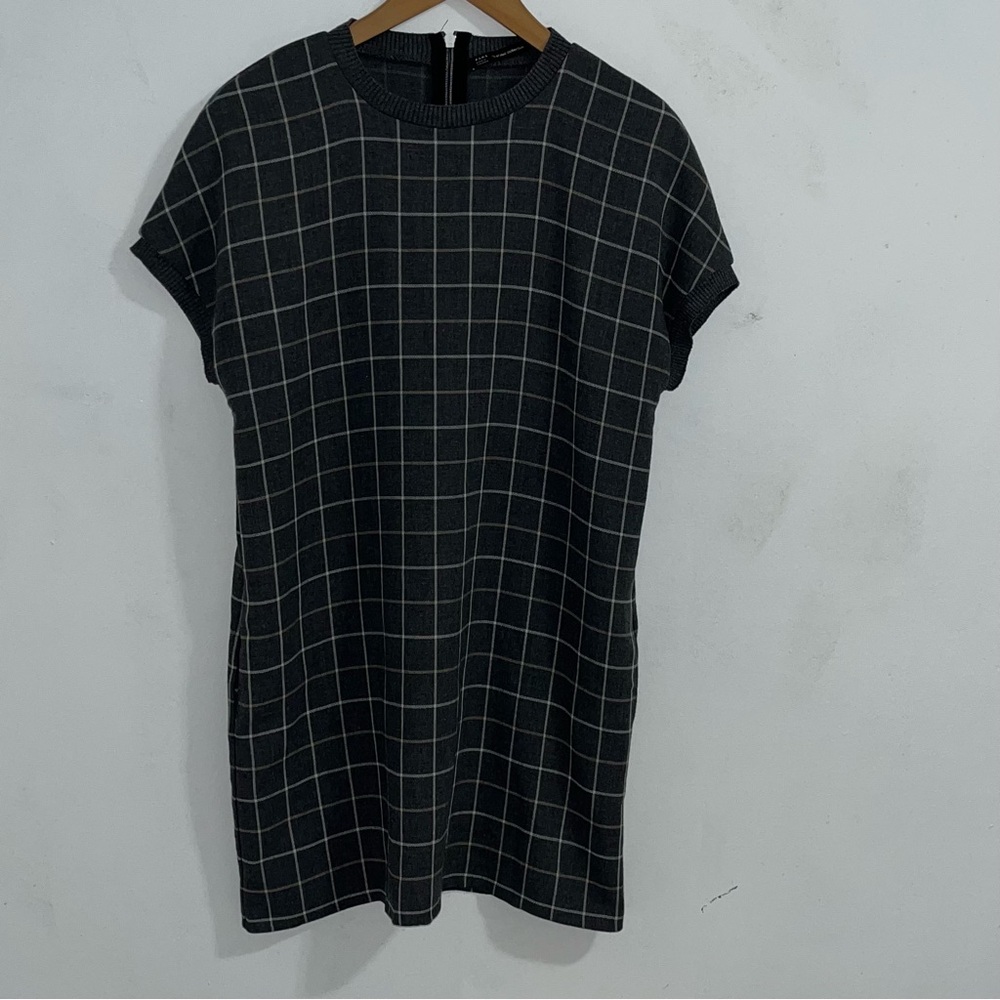 Zara White and gray Checkered Dress